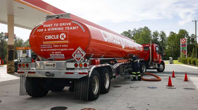 Fuel tanker at filling station